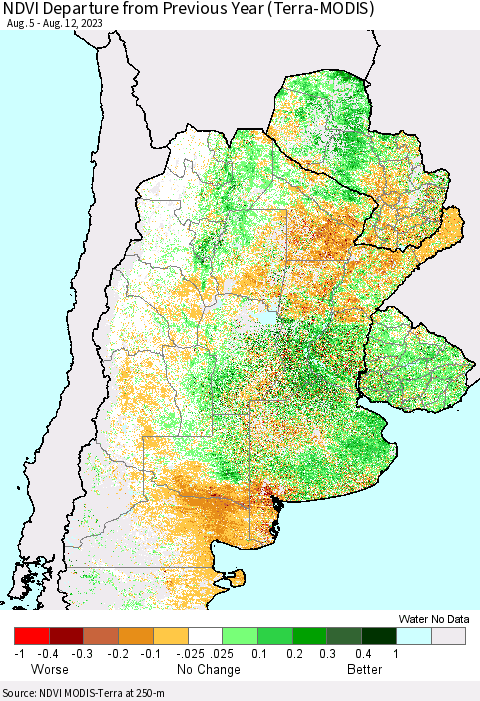 Southern South America NDVI Departure from Previous Year (Terra-MODIS) Thematic Map For 8/5/2023 - 8/12/2023