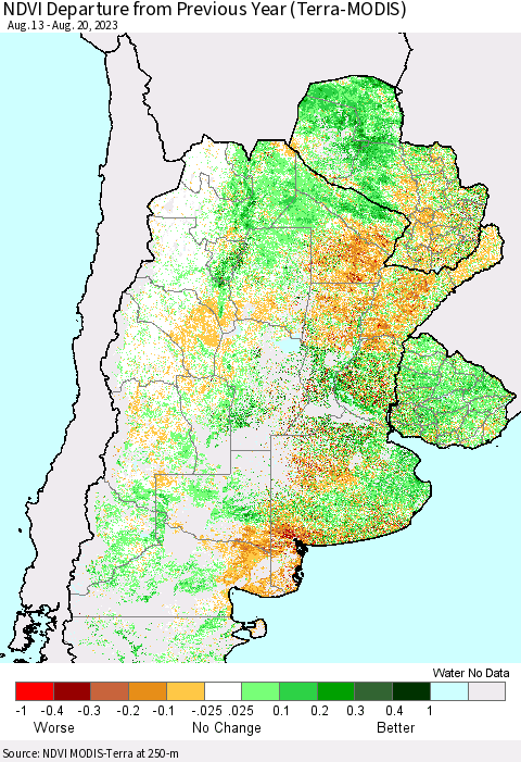 Southern South America NDVI Departure from Previous Year (Terra-MODIS) Thematic Map For 8/13/2023 - 8/20/2023
