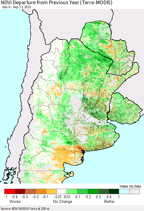 Southern South America NDVI Departure from Previous Year (Terra-MODIS) Thematic Map For 9/6/2023 - 9/13/2023
