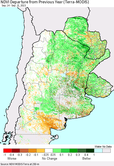 Southern South America NDVI Departure from Previous Year (Terra-MODIS) Thematic Map For 9/14/2023 - 9/21/2023