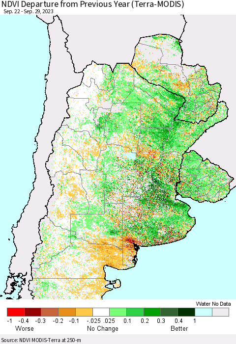 Southern South America NDVI Departure from Previous Year (Terra-MODIS) Thematic Map For 9/22/2023 - 9/29/2023