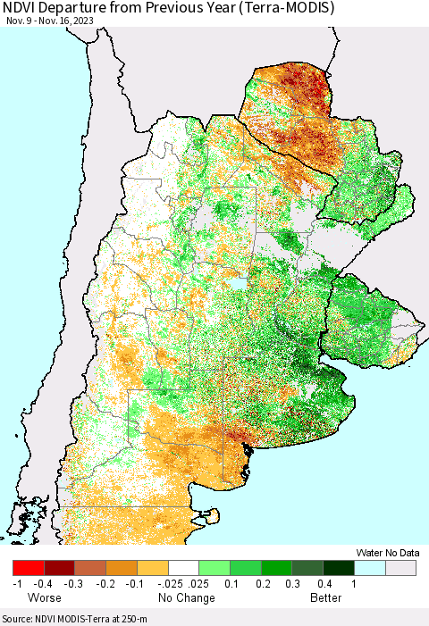 Southern South America NDVI Departure from Previous Year (Terra-MODIS) Thematic Map For 11/9/2023 - 11/16/2023