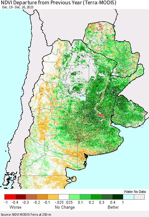 Southern South America NDVI Departure from Previous Year (Terra-MODIS) Thematic Map For 12/19/2023 - 12/26/2023