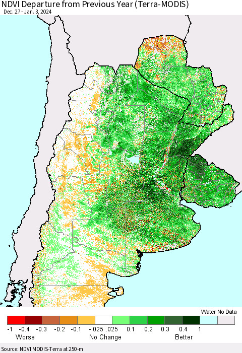 Southern South America NDVI Departure from Previous Year (Terra-MODIS) Thematic Map For 12/27/2023 - 1/3/2024