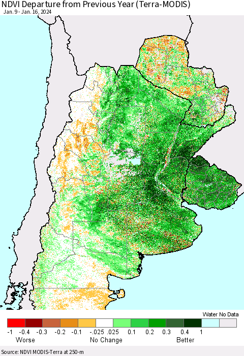 Southern South America NDVI Departure from Previous Year (Terra-MODIS) Thematic Map For 1/9/2024 - 1/16/2024