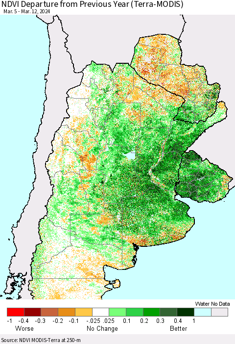 Southern South America NDVI Departure from Previous Year (Terra-MODIS) Thematic Map For 3/5/2024 - 3/12/2024