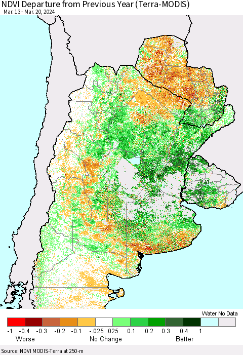 Southern South America NDVI Departure from Previous Year (Terra-MODIS) Thematic Map For 3/13/2024 - 3/20/2024