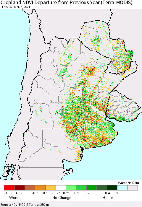 Southern South America Cropland NDVI Departure from Previous Year (Terra-MODIS) Thematic Map For 2/26/2021 - 3/5/2021