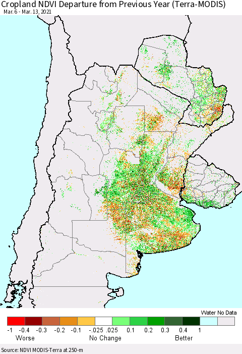 Southern South America Cropland NDVI Departure from Previous Year (Terra-MODIS) Thematic Map For 3/6/2021 - 3/13/2021