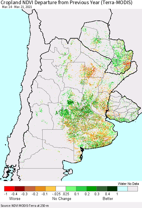 Southern South America Cropland NDVI Departure from Previous Year (Terra-MODIS) Thematic Map For 3/14/2021 - 3/21/2021