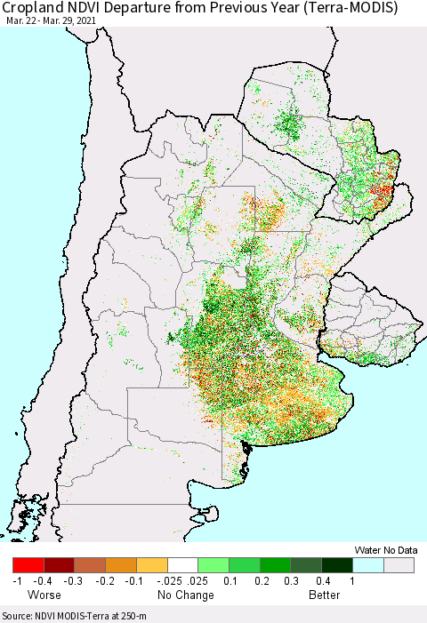Southern South America Cropland NDVI Departure from Previous Year (Terra-MODIS) Thematic Map For 3/22/2021 - 3/29/2021