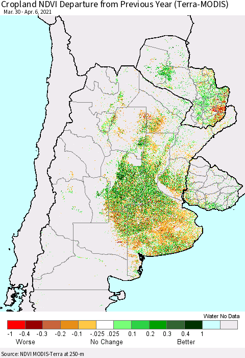 Southern South America Cropland NDVI Departure from Previous Year (Terra-MODIS) Thematic Map For 3/30/2021 - 4/6/2021