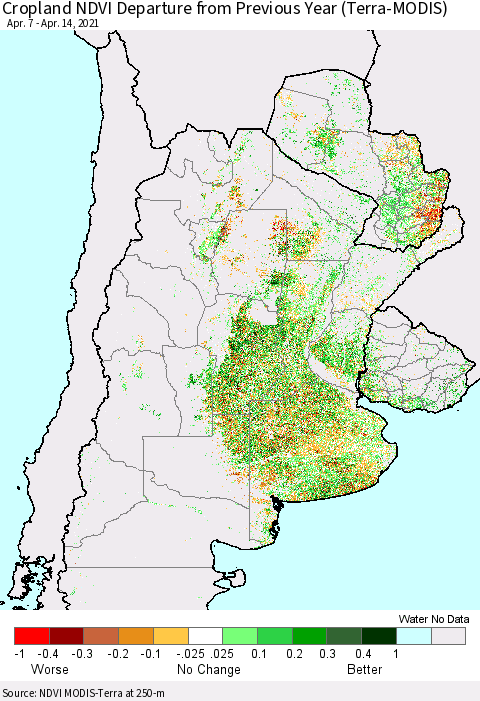 Southern South America Cropland NDVI Departure from Previous Year (Terra-MODIS) Thematic Map For 4/7/2021 - 4/14/2021