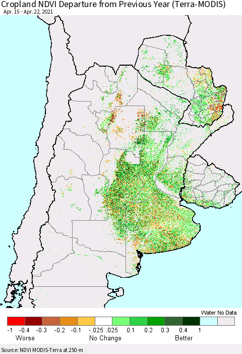 Southern South America Cropland NDVI Departure from Previous Year (Terra-MODIS) Thematic Map For 4/15/2021 - 4/22/2021
