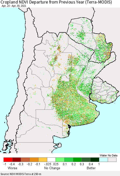 Southern South America Cropland NDVI Departure from Previous Year (Terra-MODIS) Thematic Map For 4/23/2021 - 4/30/2021