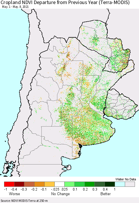 Southern South America Cropland NDVI Departure from Previous Year (Terra-MODIS) Thematic Map For 5/1/2021 - 5/8/2021