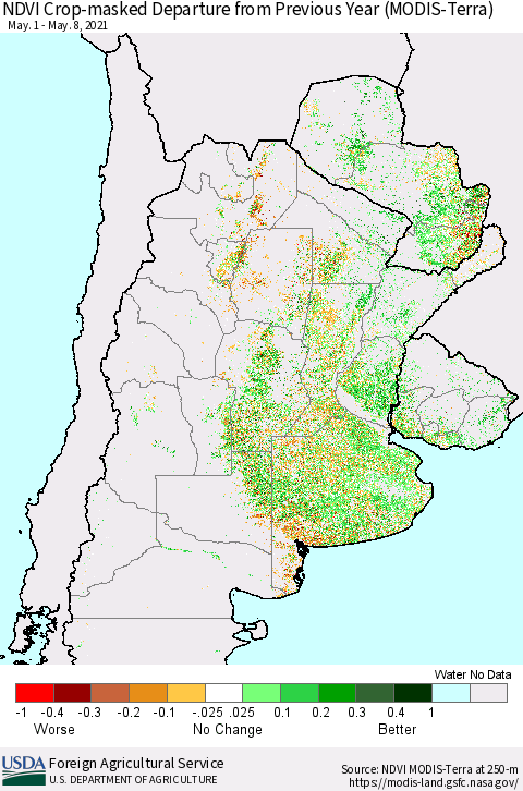 Southern South America Cropland NDVI Departure from Previous Year (Terra-MODIS) Thematic Map For 5/1/2021 - 5/10/2021