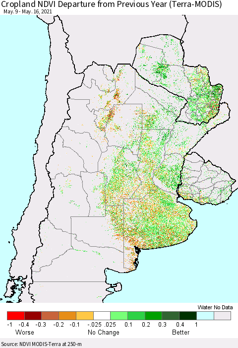 Southern South America Cropland NDVI Departure from Previous Year (Terra-MODIS) Thematic Map For 5/9/2021 - 5/16/2021
