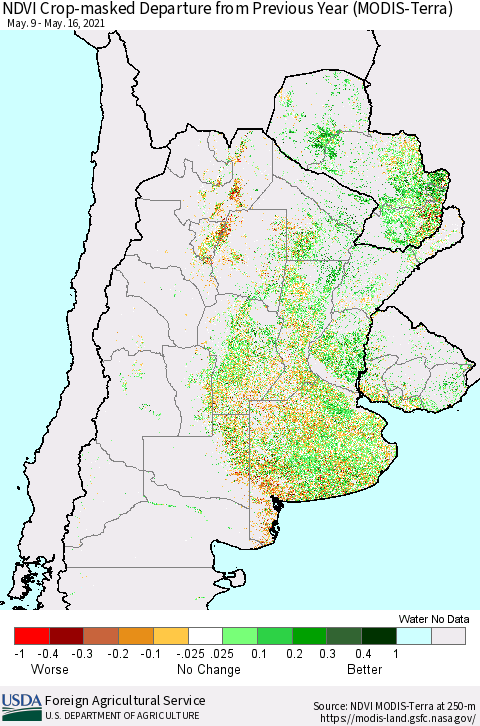 Southern South America Cropland NDVI Departure from Previous Year (Terra-MODIS) Thematic Map For 5/11/2021 - 5/20/2021