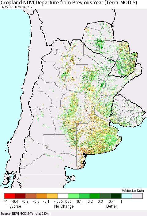 Southern South America Cropland NDVI Departure from Previous Year (Terra-MODIS) Thematic Map For 5/17/2021 - 5/24/2021