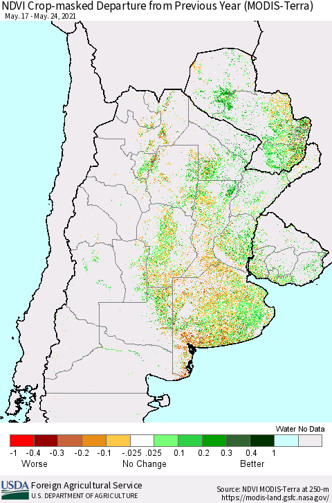 Southern South America Cropland NDVI Departure from Previous Year (Terra-MODIS) Thematic Map For 5/21/2021 - 5/31/2021
