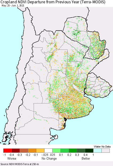 Southern South America Cropland NDVI Departure from Previous Year (Terra-MODIS) Thematic Map For 5/25/2021 - 6/1/2021