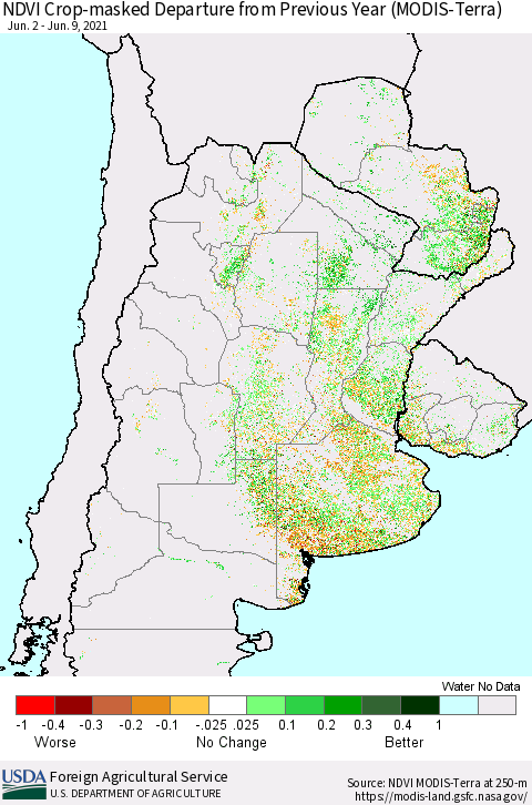 Southern South America Cropland NDVI Departure from Previous Year (Terra-MODIS) Thematic Map For 6/1/2021 - 6/10/2021