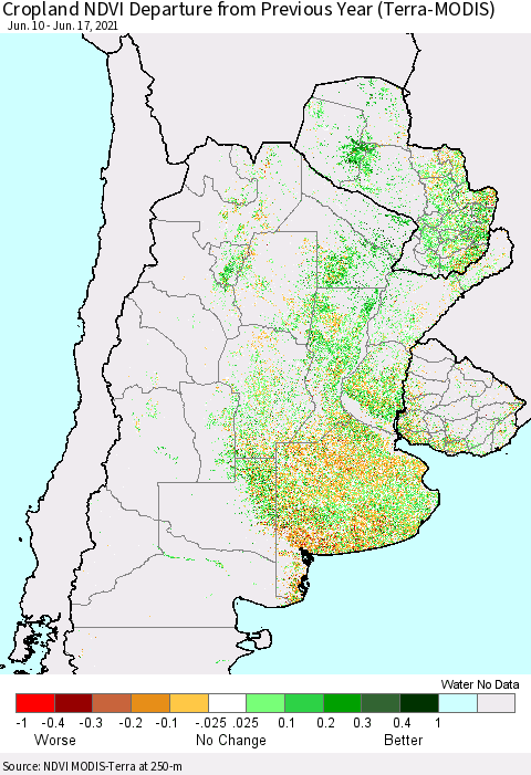 Southern South America Cropland NDVI Departure from Previous Year (Terra-MODIS) Thematic Map For 6/10/2021 - 6/17/2021
