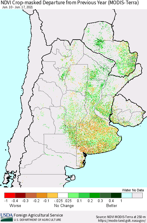 Southern South America Cropland NDVI Departure from Previous Year (Terra-MODIS) Thematic Map For 6/11/2021 - 6/20/2021