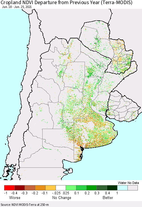 Southern South America Cropland NDVI Departure from Previous Year (Terra-MODIS) Thematic Map For 6/18/2021 - 6/25/2021