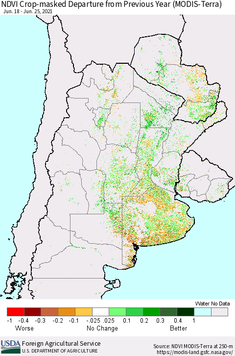 Southern South America Cropland NDVI Departure from Previous Year (Terra-MODIS) Thematic Map For 6/21/2021 - 6/30/2021