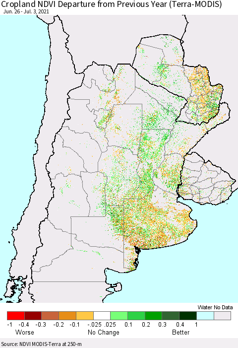 Southern South America Cropland NDVI Departure from Previous Year (Terra-MODIS) Thematic Map For 6/26/2021 - 7/3/2021