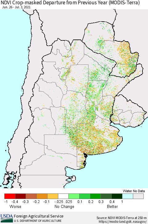 Southern South America Cropland NDVI Departure from Previous Year (Terra-MODIS) Thematic Map For 7/1/2021 - 7/10/2021