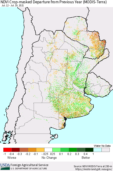 Southern South America Cropland NDVI Departure from Previous Year (Terra-MODIS) Thematic Map For 7/11/2021 - 7/20/2021