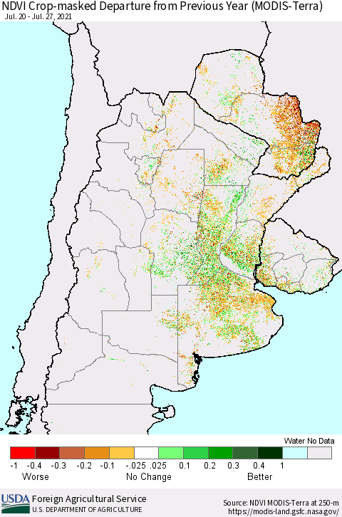 Southern South America Cropland NDVI Departure from Previous Year (Terra-MODIS) Thematic Map For 7/21/2021 - 7/31/2021