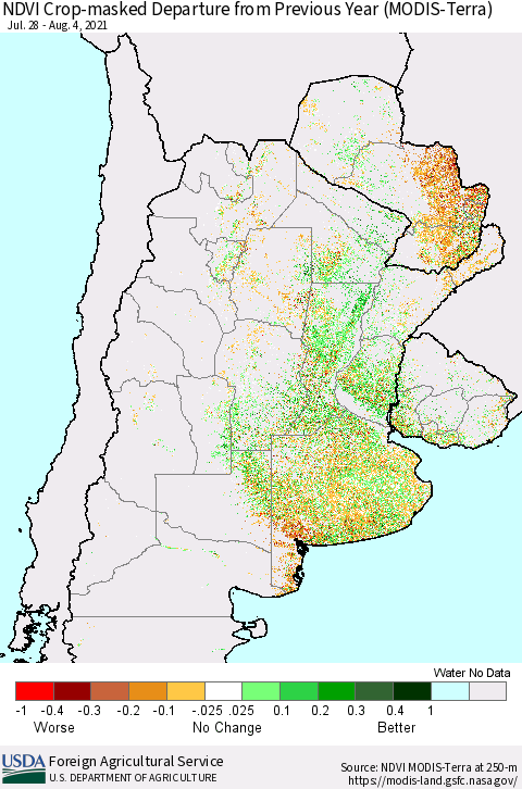Southern South America Cropland NDVI Departure from Previous Year (Terra-MODIS) Thematic Map For 8/1/2021 - 8/10/2021