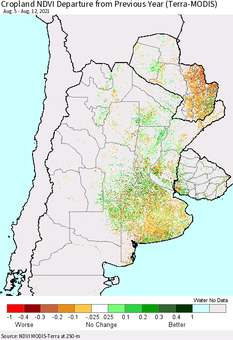 Southern South America Cropland NDVI Departure from Previous Year (Terra-MODIS) Thematic Map For 8/5/2021 - 8/12/2021