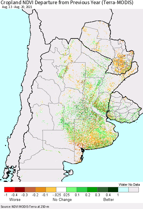 Southern South America Cropland NDVI Departure from Previous Year (Terra-MODIS) Thematic Map For 8/11/2021 - 8/20/2021