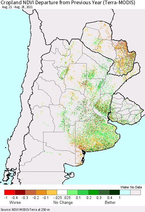 Southern South America Cropland NDVI Departure from Previous Year (Terra-MODIS) Thematic Map For 8/21/2021 - 8/28/2021