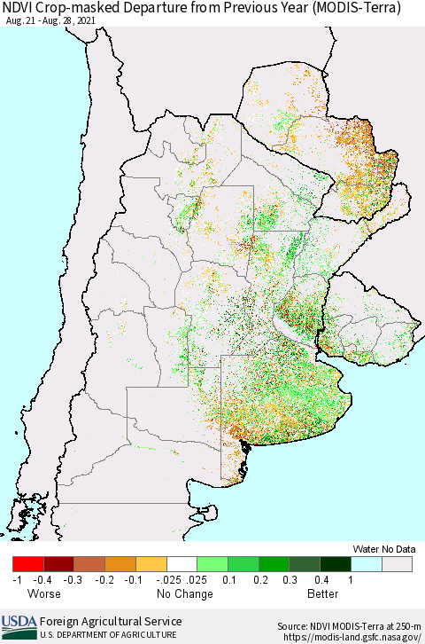 Southern South America Cropland NDVI Departure from Previous Year (Terra-MODIS) Thematic Map For 8/21/2021 - 8/31/2021