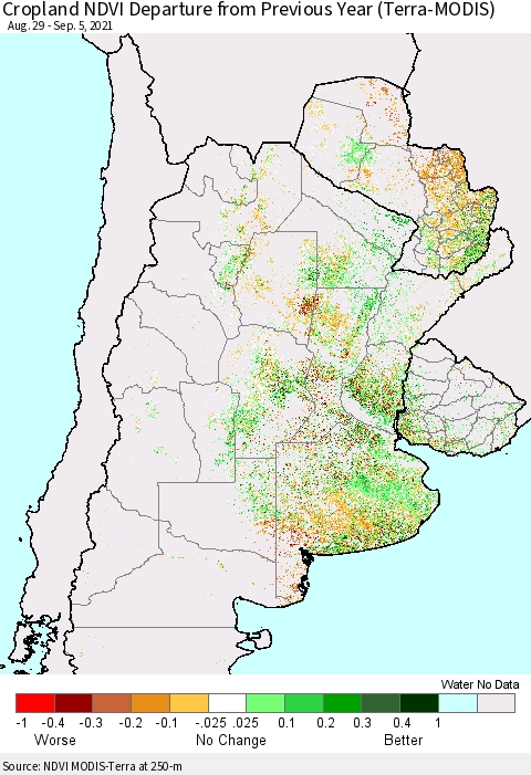 Southern South America Cropland NDVI Departure from Previous Year (Terra-MODIS) Thematic Map For 8/29/2021 - 9/5/2021