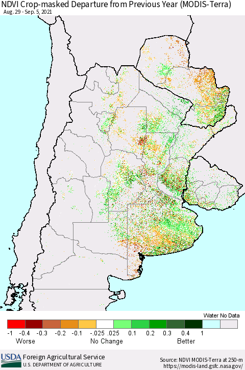 Southern South America Cropland NDVI Departure from Previous Year (Terra-MODIS) Thematic Map For 9/1/2021 - 9/10/2021