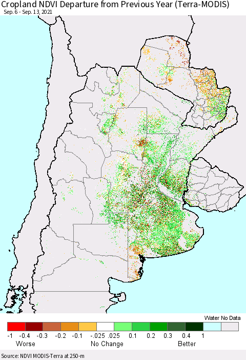 Southern South America Cropland NDVI Departure from Previous Year (Terra-MODIS) Thematic Map For 9/6/2021 - 9/13/2021