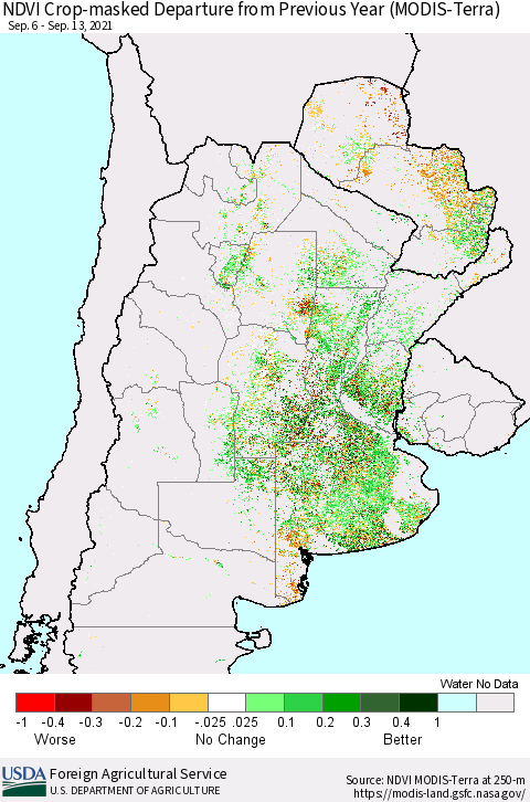 Southern South America Cropland NDVI Departure from Previous Year (Terra-MODIS) Thematic Map For 9/11/2021 - 9/20/2021