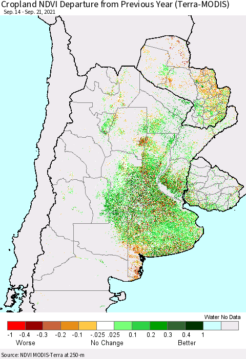 Southern South America Cropland NDVI Departure from Previous Year (Terra-MODIS) Thematic Map For 9/14/2021 - 9/21/2021