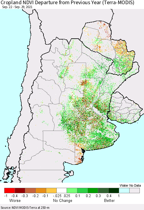 Southern South America Cropland NDVI Departure from Previous Year (Terra-MODIS) Thematic Map For 9/22/2021 - 9/29/2021