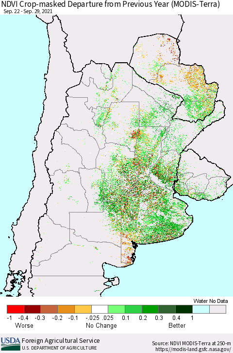 Southern South America Cropland NDVI Departure from Previous Year (Terra-MODIS) Thematic Map For 9/21/2021 - 9/30/2021