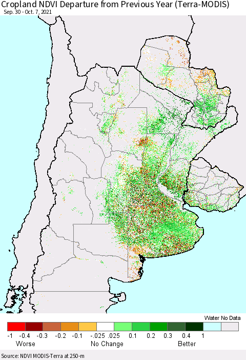 Southern South America Cropland NDVI Departure from Previous Year (Terra-MODIS) Thematic Map For 9/30/2021 - 10/7/2021