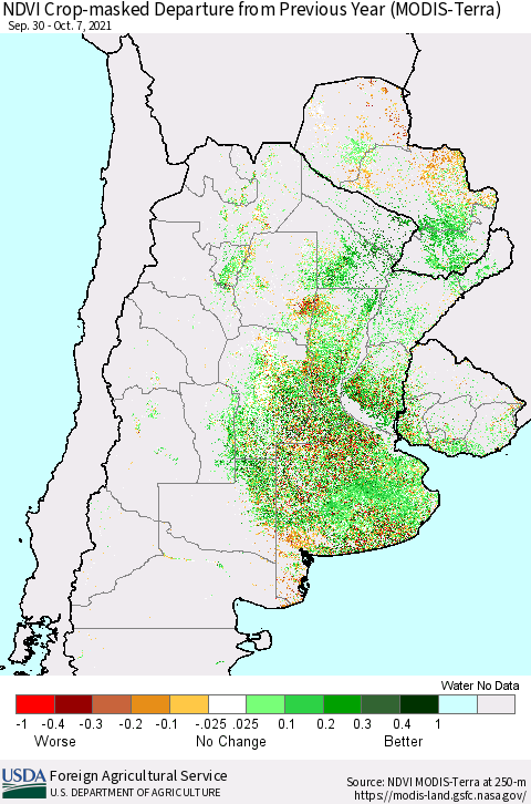 Southern South America Cropland NDVI Departure from Previous Year (Terra-MODIS) Thematic Map For 10/1/2021 - 10/10/2021