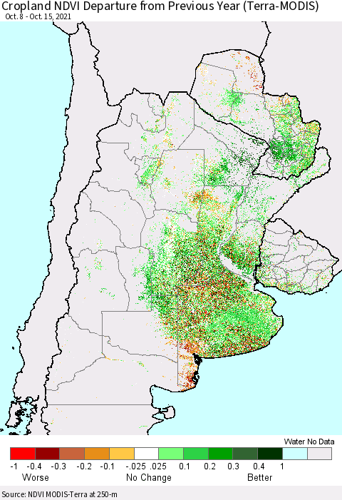 Southern South America Cropland NDVI Departure from Previous Year (Terra-MODIS) Thematic Map For 10/8/2021 - 10/15/2021